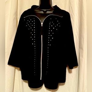 Onque Women's Sz XL Full Zip Embellished 3/4 Sleeve Black Sweater Jacket